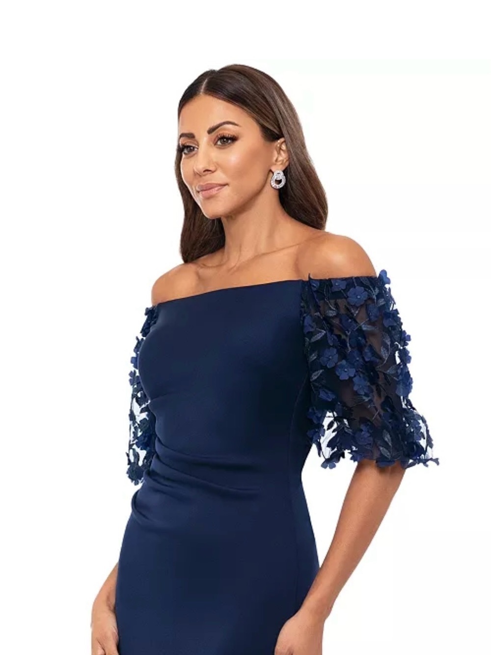 Xscape Navy One-Shoulder Evening Gown with 3D Floral Sleeves Formal - Picture 5 of 16